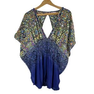 Victorias Secret Kaftan Tunic Top Medium Blue Floral Paisley Cover Up Shirt
